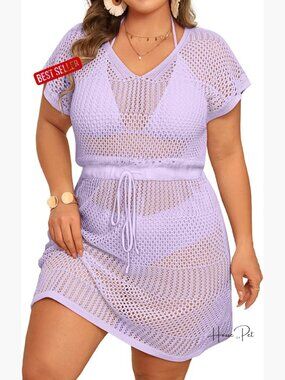 Plus Size Crochet Swimsuit Cover Up Beach Dress Tie Waist V Neck Tunic